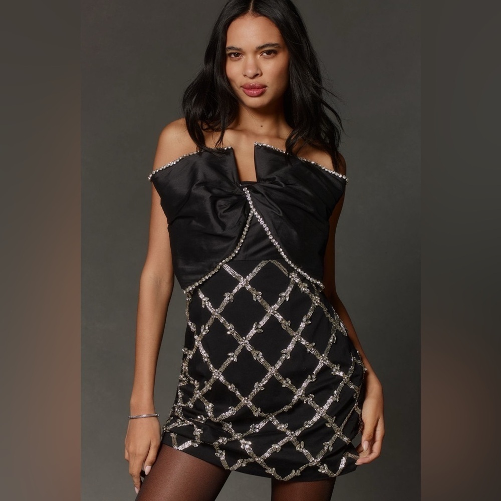 NWT Maeve Anthropologie Embellished Bow Mini Dress Black Sz 14 Party Cocktail
